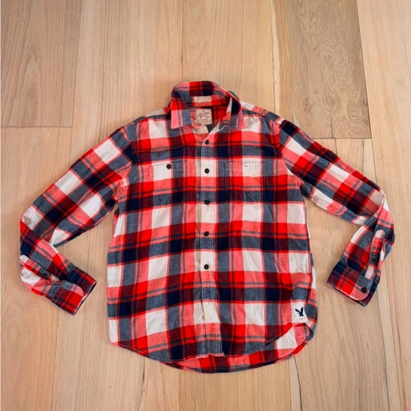 American Eagle Outfitters Flannel Casual Button Down Shirt Orange Navy S Large - Picture 1 of 5